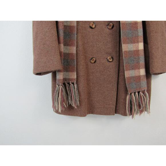 Vintage Union Made Wool Pea Coat Brown Knee Length Plaid Scarf 80's VTG - Picture 2 of 12